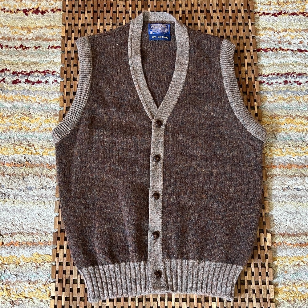 Vintage Pendleton 100% Shetland Wool Button Down Vest Brown Tan Men's Large VTG