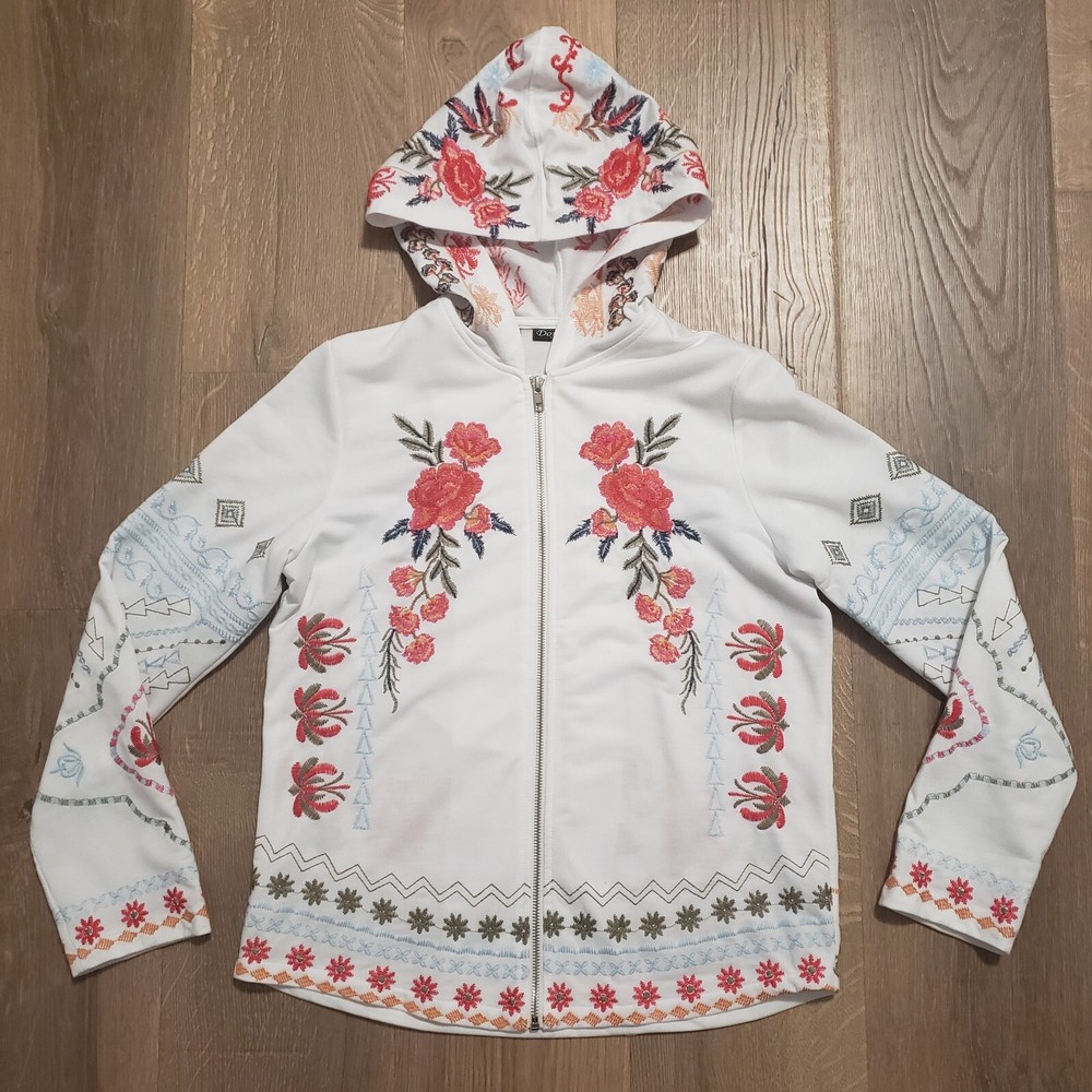 Dor Dor Couture Anthropologie Embroidered Jacket Medium Hooded Zip Up Floral