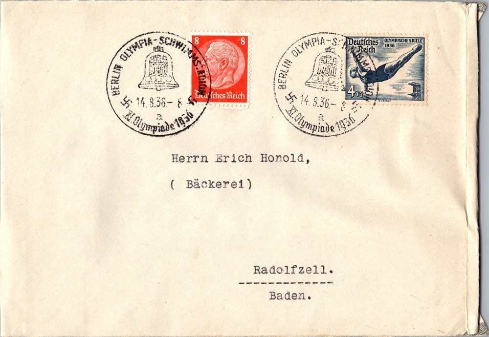 1936 Berlin Germany Olympic Bell Stamp Envolope Cover To Baden World War II