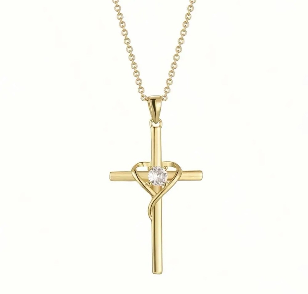 Golden Cross Necklace with Heart Crystal Christian Faith Jewelry