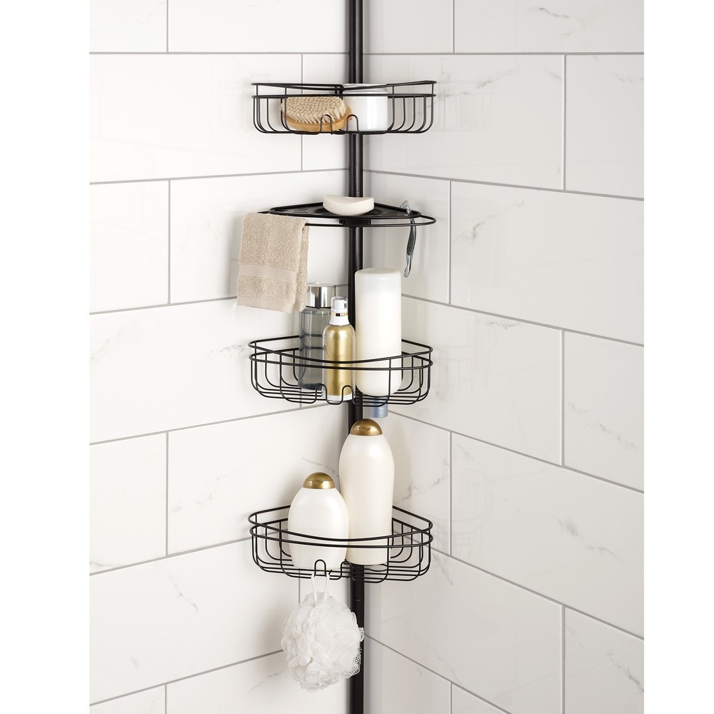 Mainstays 4-Tier Steel Pull-Up Shower Shelf with Basket and Soap Tray Holder