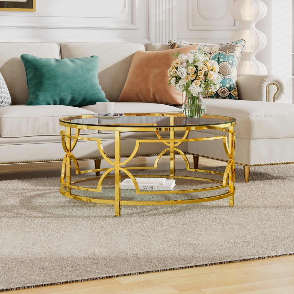 Round Coffee Table Tempered Glass Top Gold Finish With Lower Shelf