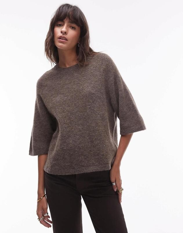 Cozy Brown Alpaca Wool Short-Sleeve Sweater Size S  