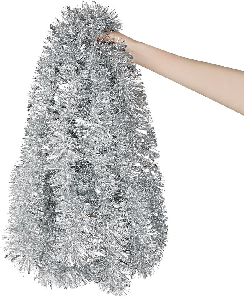 DECORA 33 Feet Silver Tinsel Garland, Christmas Metallic 33 Feet,