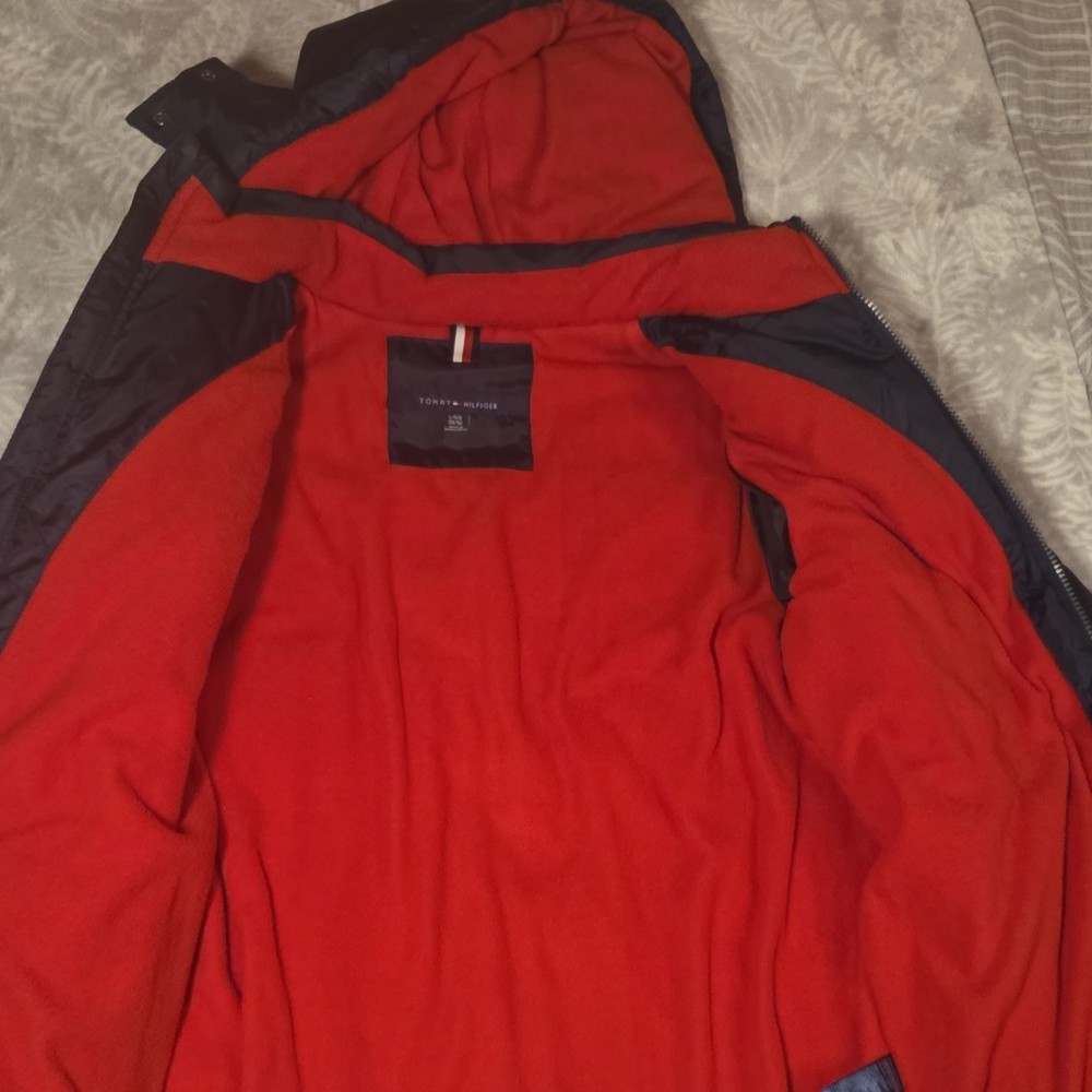 Tommy Hilfiger Navy Red White Colorblock Hooded Puffer Jacket Men Full Zip L