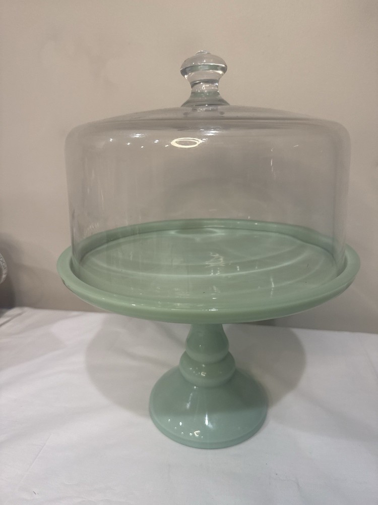 10” Green Jadeite Style Glass Cake Stand w/ Dome