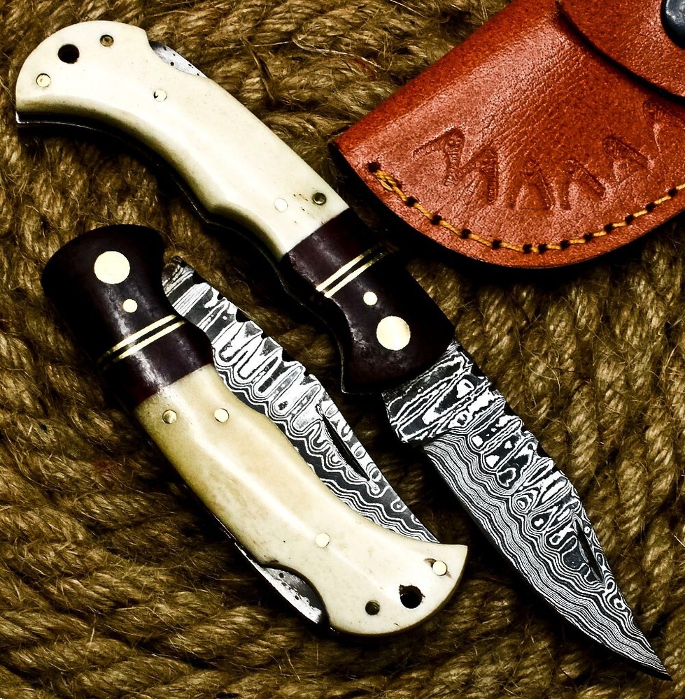 Custom Handmade Camel Bone Damascus Steel Folding Pocket Knife with BackLock