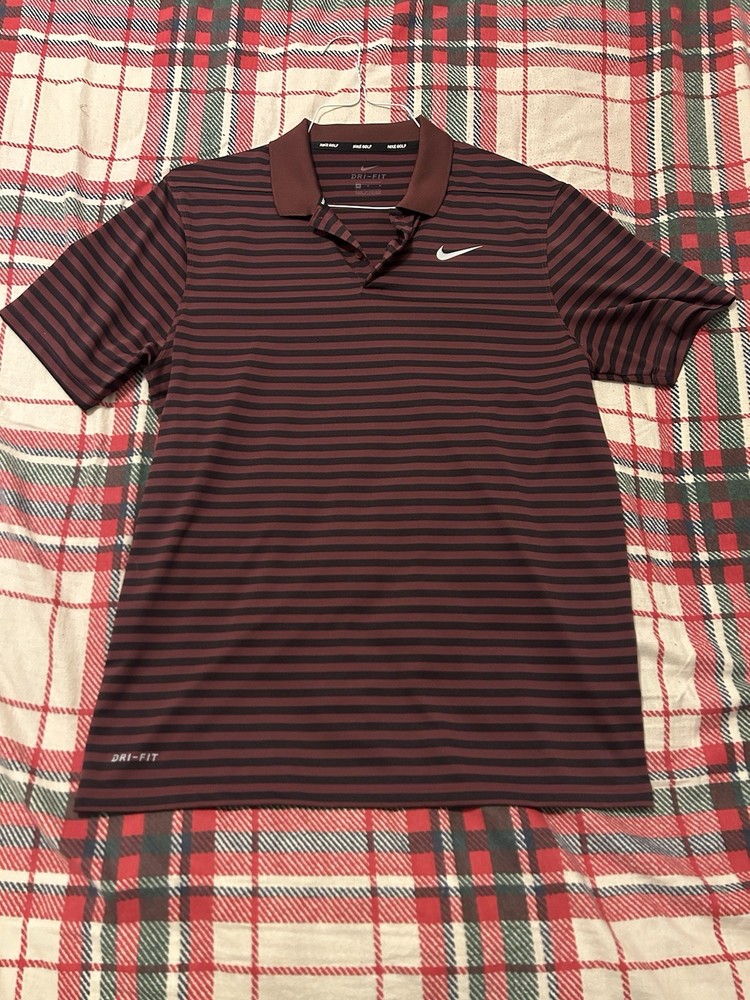 Nike Golf Polo Shirt Mens red and black Stripe Dri-FIT Medium M