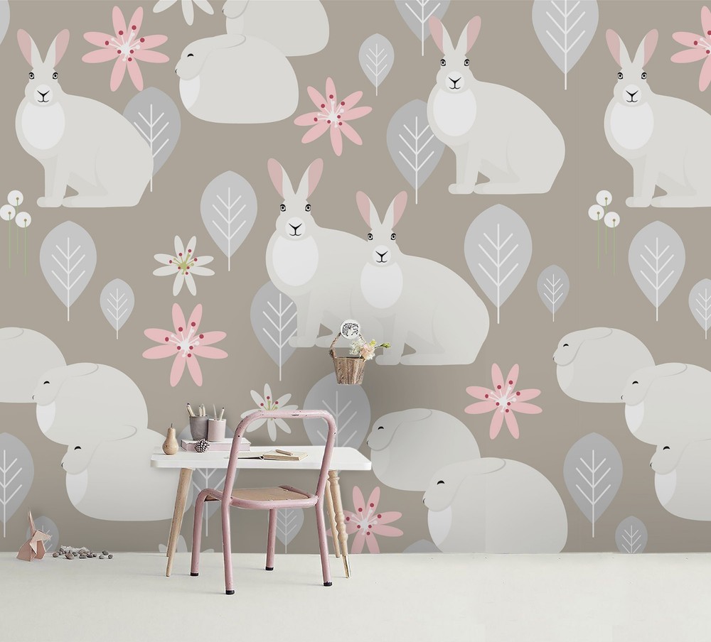 3D Rabbit Flowers Leaves Pattern Wall Murals Wallpaper Murals Wall Sticker