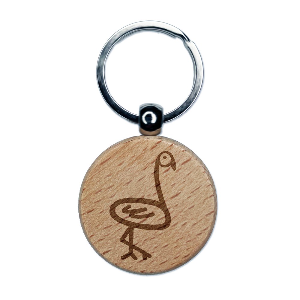 Flamingo Doodle Engraved Wood Round Keychain Tag Charm