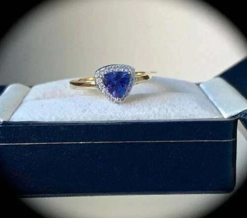 2.45 ct Trillion Cut Tanzanite & Diamond Engagement Ring 14k SOLID Yellow Gold