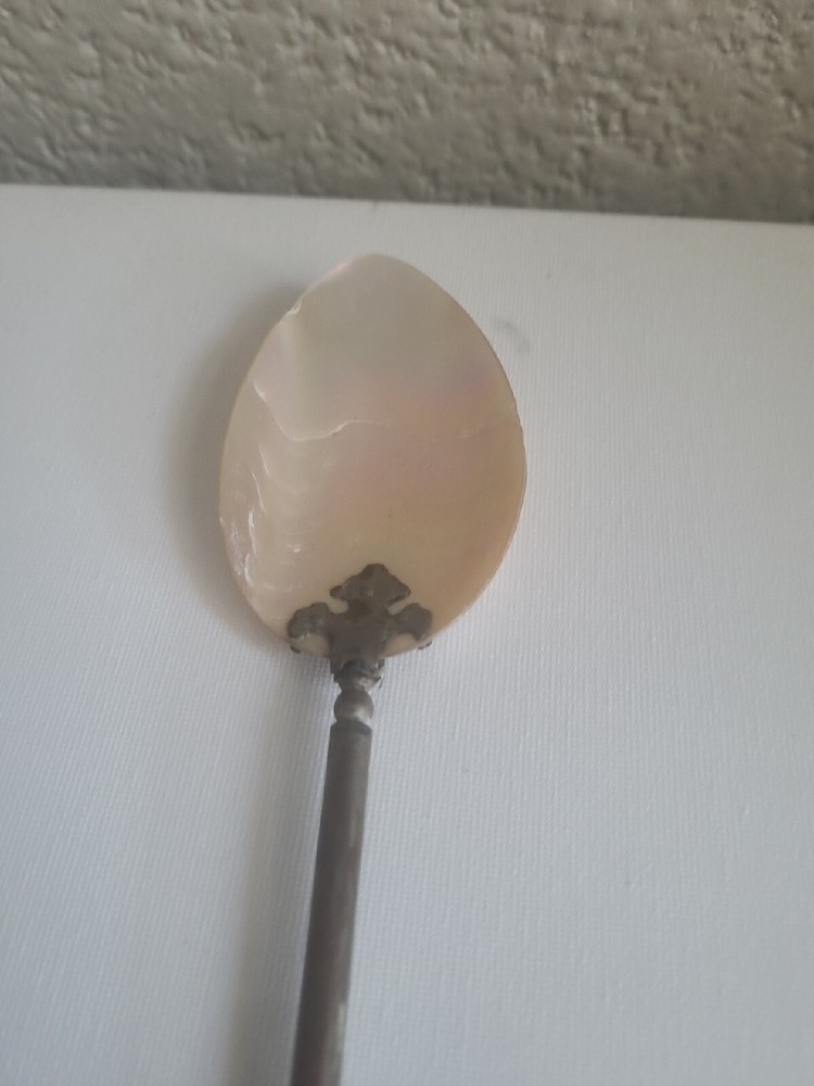 Mother Of Pearl Serving Spoon Silver Plated Handle 10” long X 2 At widest part