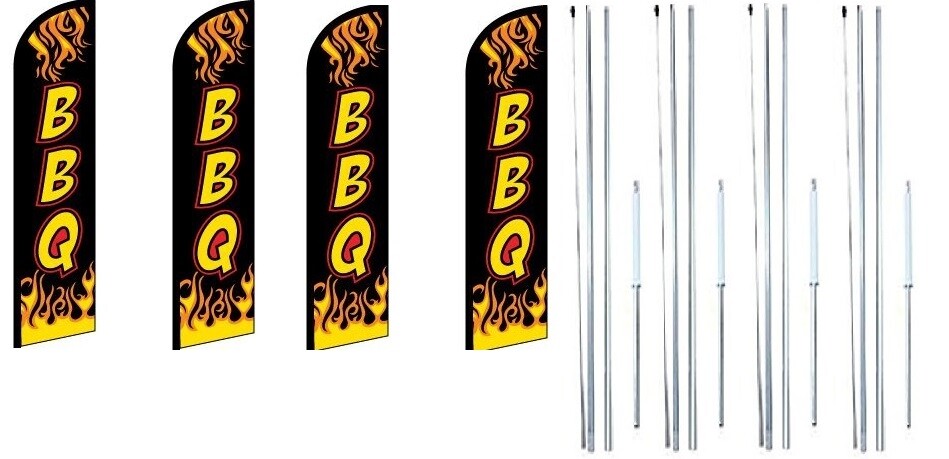 BBQ (Black) Windless Flag With Complete Hybrid Pole set- 4 pack