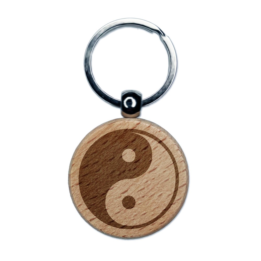 Yin and Yang Symbol Engraved Wood Round Keychain Tag Charm