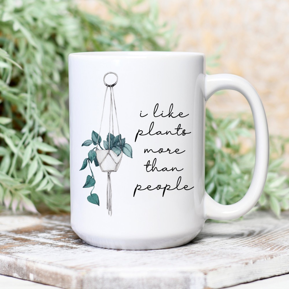 I Like Plants More Than People Watercolor Macrame White Ceramic Mug Coffee Mug