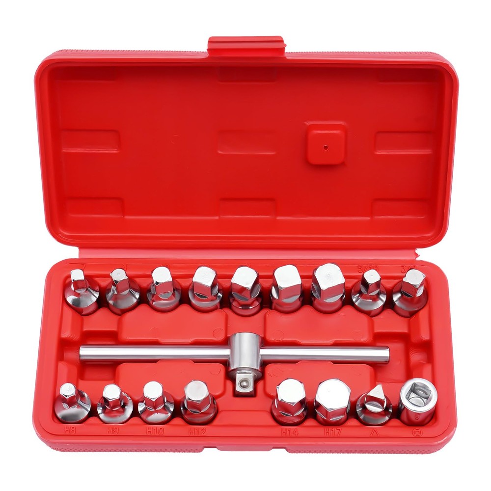 Oil Drain Pipe Plug Hexagon Square Socket Key Removal Tool Set 18Pcs 3/8''Drive