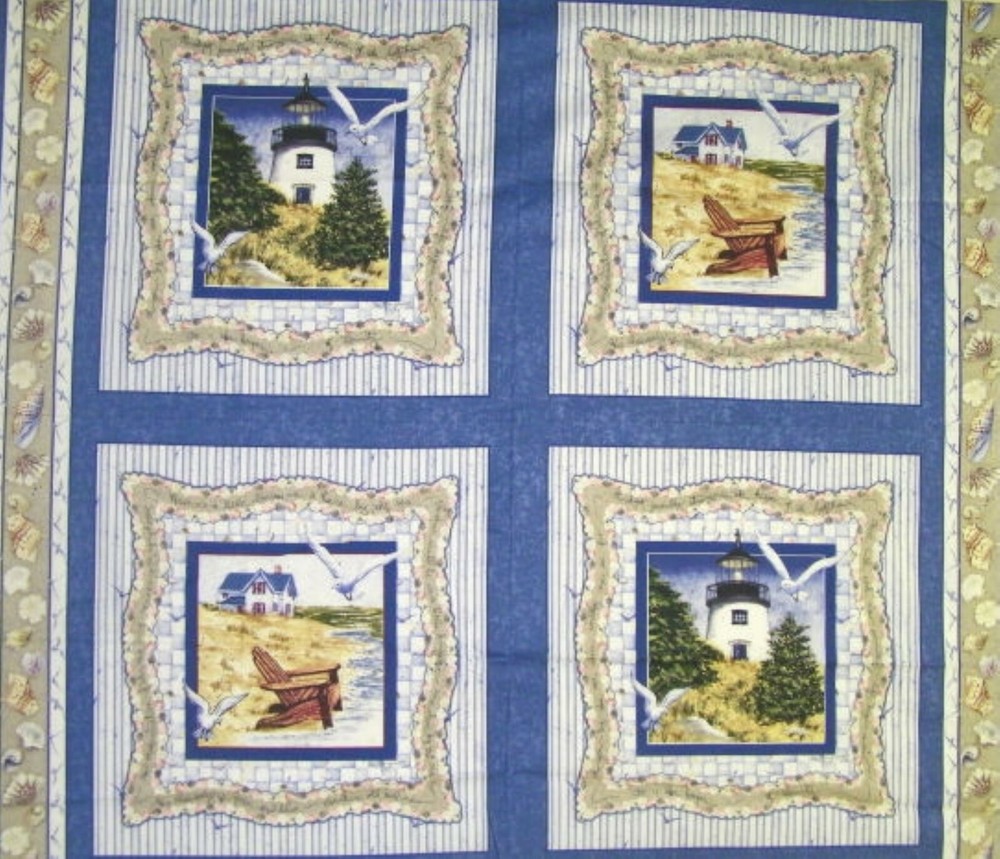 4 By the Sea Lighthouse Beach Pillow Panels Fabric 100% Cotton