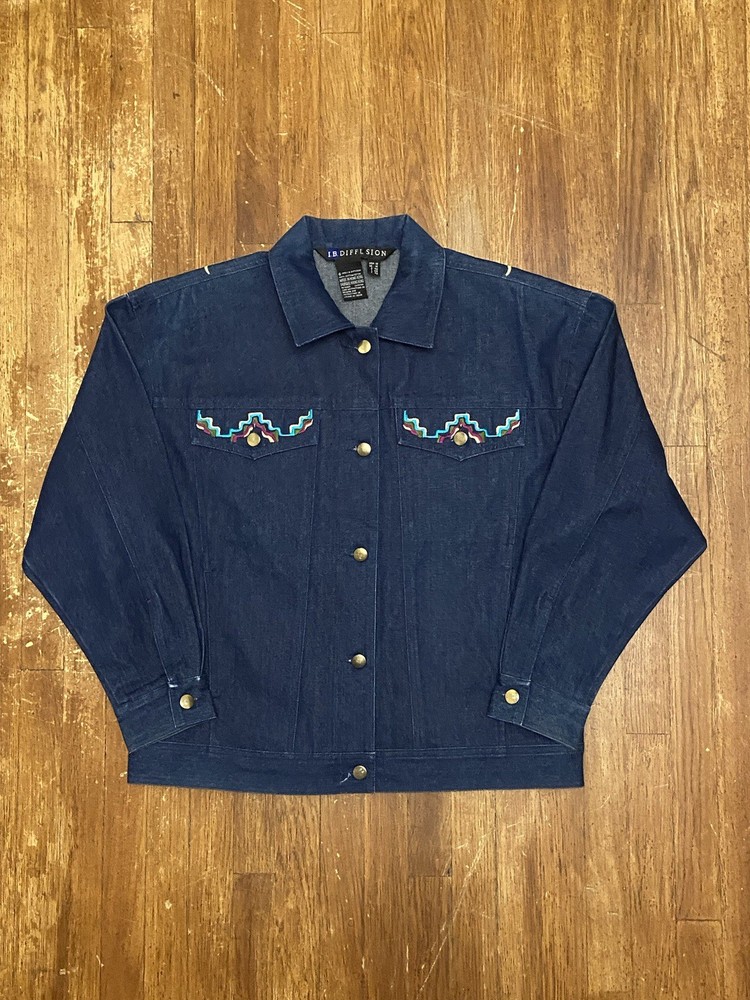Vintage 90s 1992 Western Aztec Embroidered Dark Wash Denim Jacket Adult Large