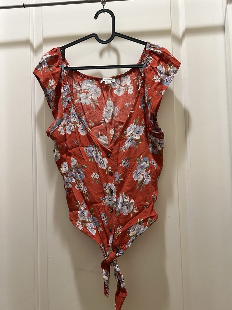 American Eagle Womens Cropped Orange Floral Button Up Top Size L