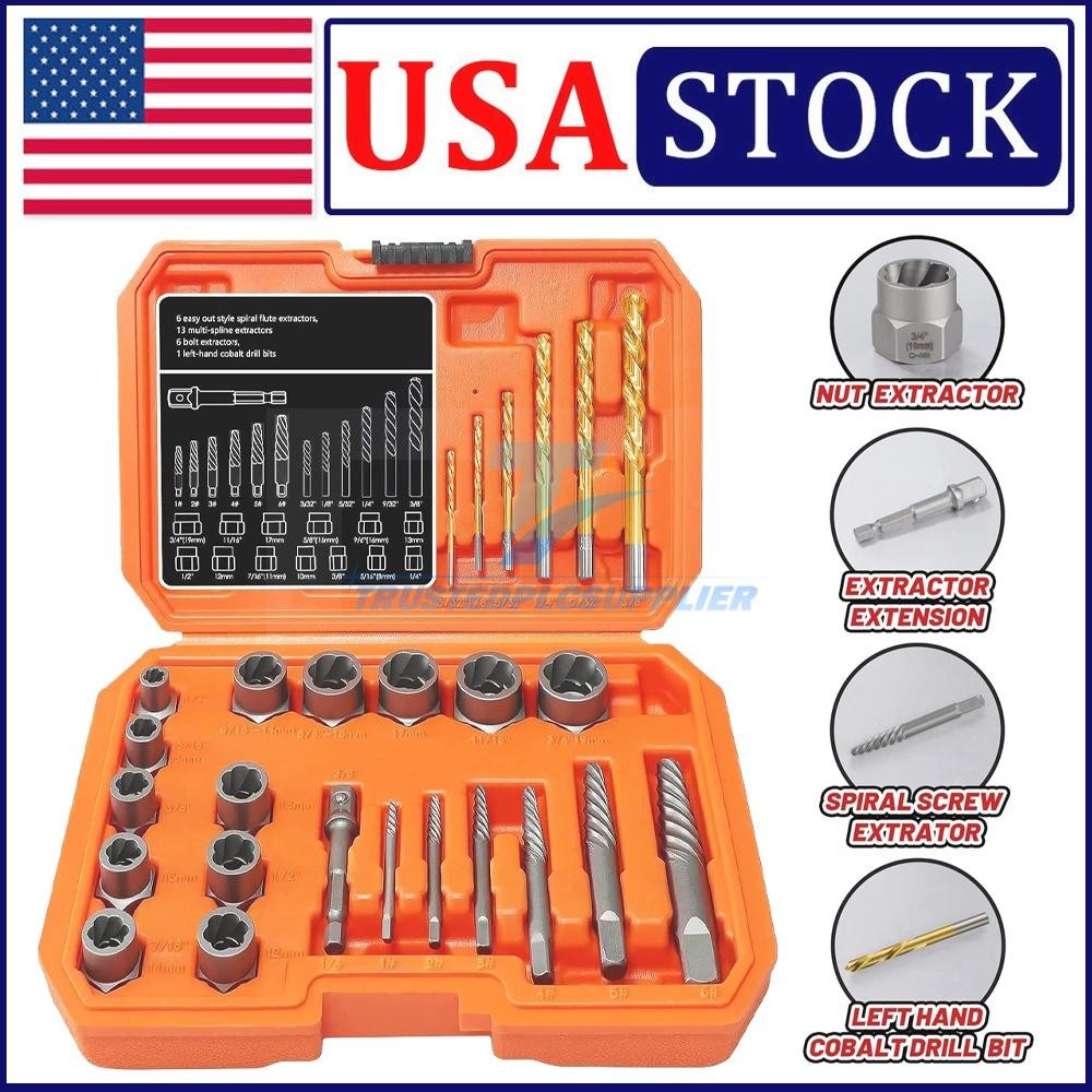 26X Screws Bolt Extractor Set W/Drill Bit Kit Lug Nut Extraction Sockets