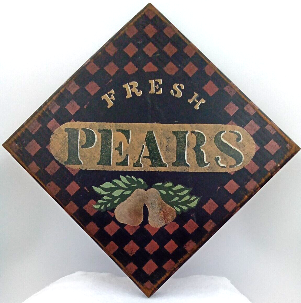 Fresh Pears Checkerboard Wood Sign Picture Primitive Fruit Rustic Country Hang