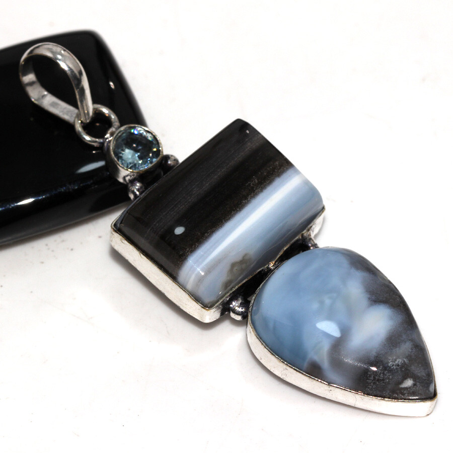 925 Silver Plated Owhyee Blue Opal Blue Topaz Long Pendant Size 2.7