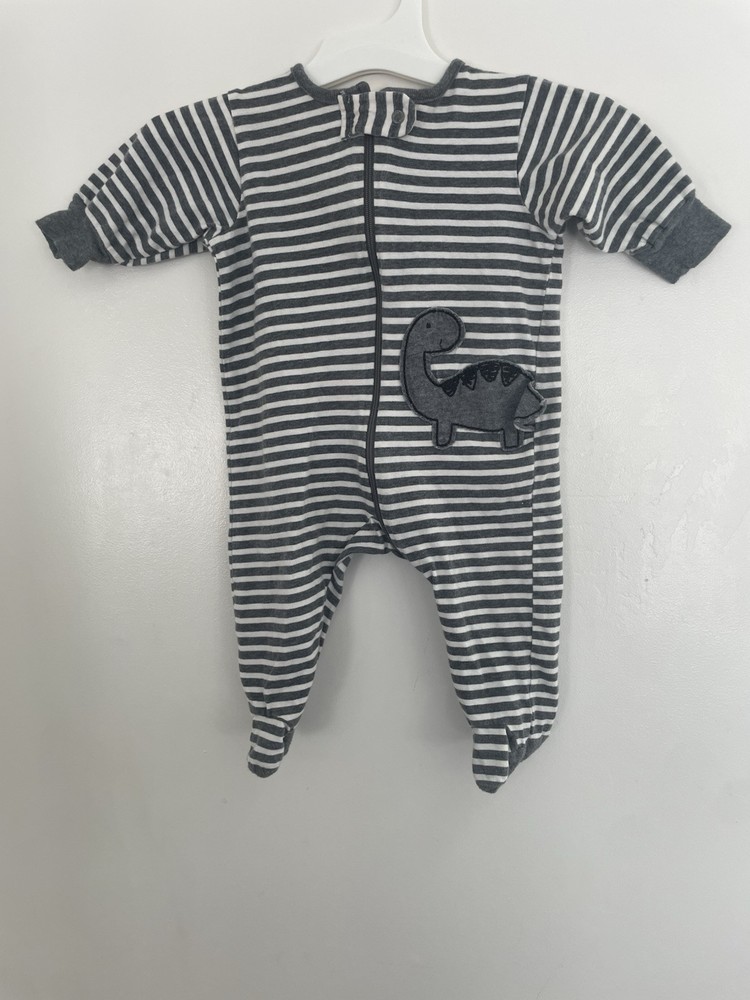 Gerber Baby Boy Cute Dinosaur Applique Striped Zip Long Sleeve 1-Piece Gray 0-3M