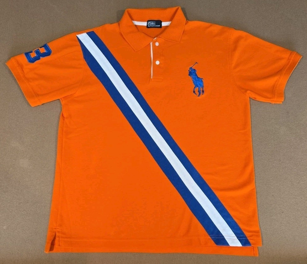 Polo Ralph Lauren Big Pony Shirt Mens Large Orange #3 Stripe Rugby
