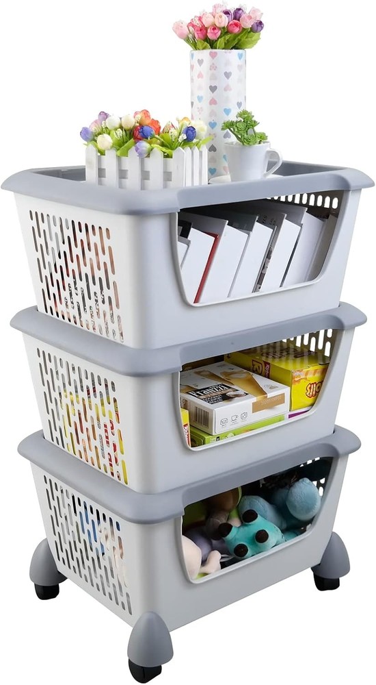 3-Pack Gray Plastic Stacking Storage Bins with Wheels for Easy Organization