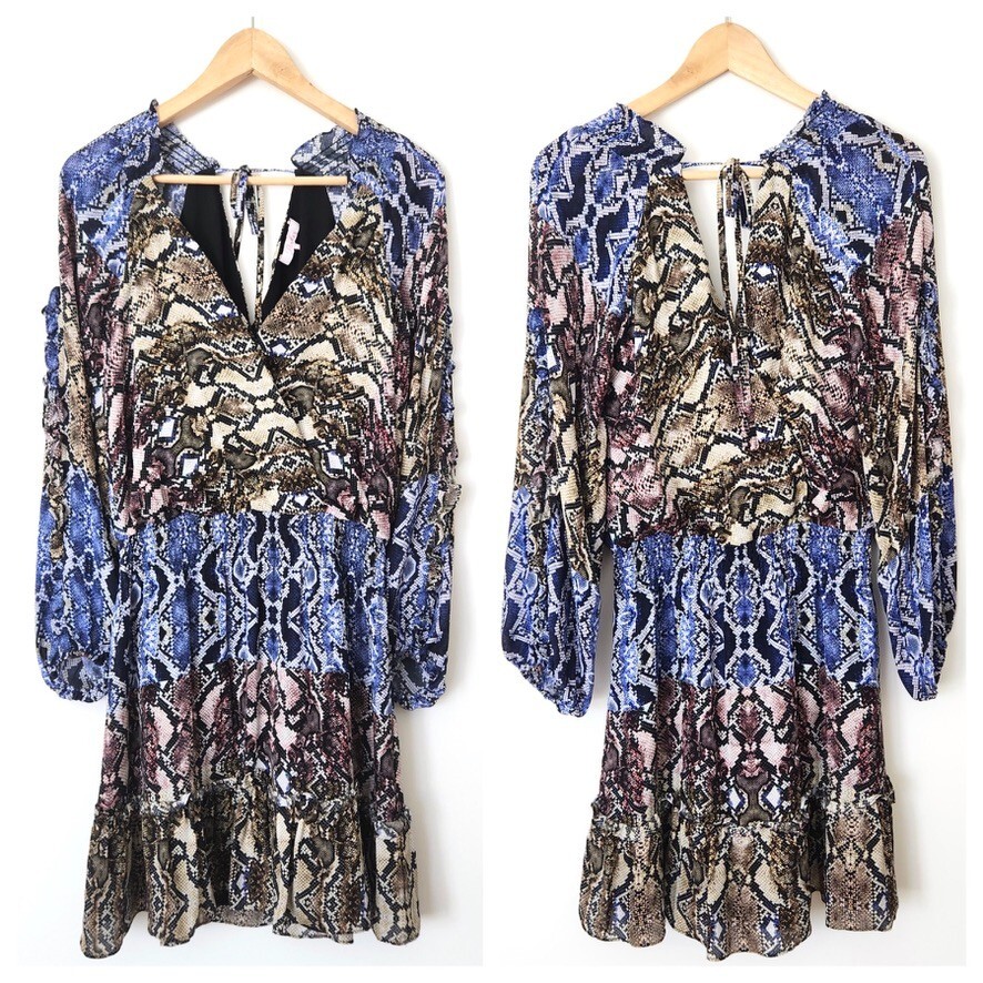 Parker Snakeskin Silk Dress Medium Ruffle Blue Brown Gladis Python Animal Print
