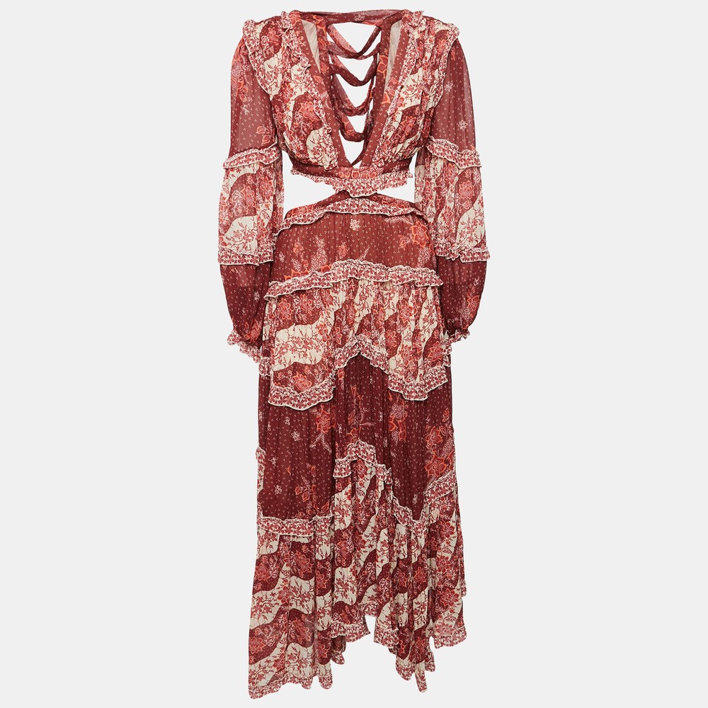 Zimmermann Red Floral Print Chiffon Cut-Out Maxi Dress S