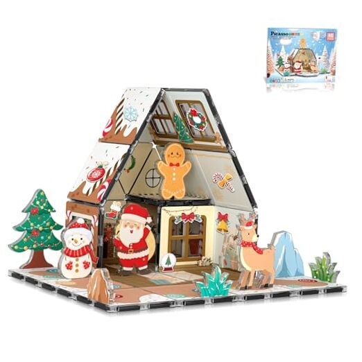 Magnetic Gingerbread House Building Set with Santa and Snowman Figures
