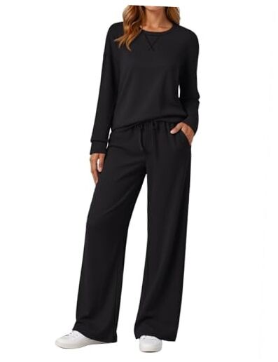 Womens Sweatsuits 2 Piece Sets Travel Outfits 2025 Fall Matching Medium Black