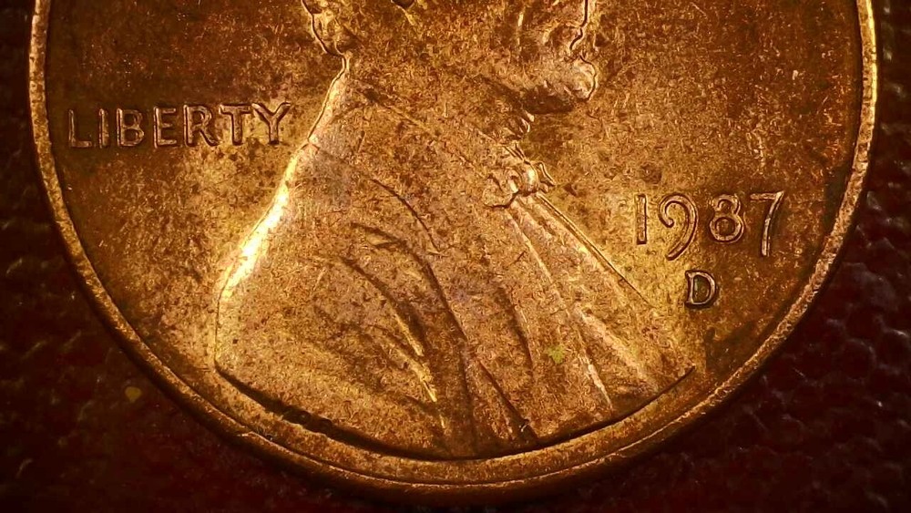 1987-D Lincoln penny with strong doubling on date code 57