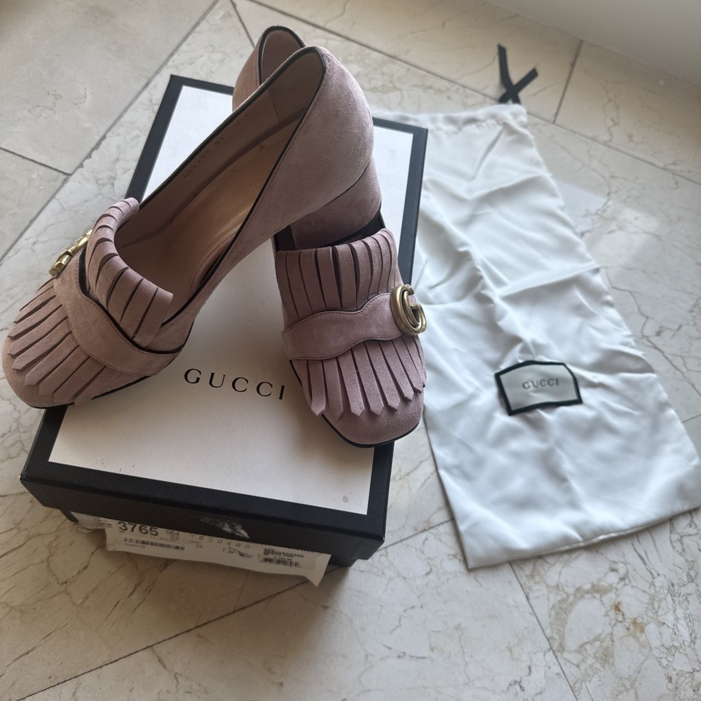 Gucci Marmont Pink Suede Fringe Block Heel Shoe Size 37