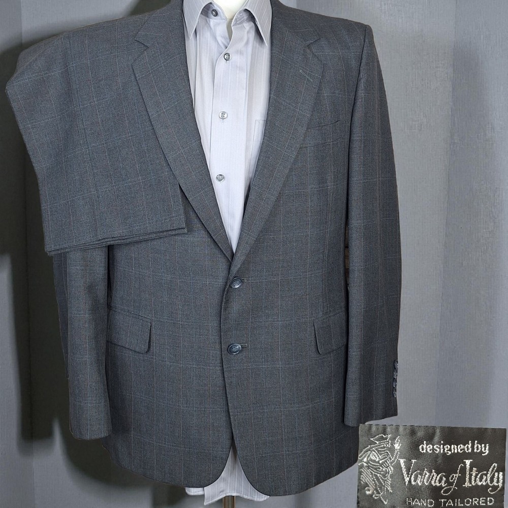 Varra of Italy 2 Piece Suit Mens 40R 32X30 Gray Windowpane Single Vented