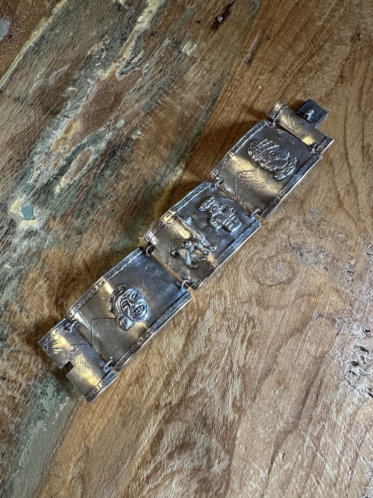 925 Sterling Silver Vintage Peru Tribal Storyteller Panel Link Bracelet 6 3/4
