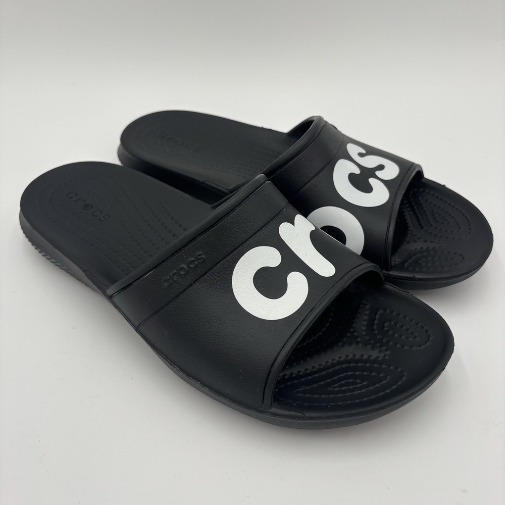 Crocs Classic Graphic Slides Mens Size 8 Women’s 10 Croslite Black White Sandals