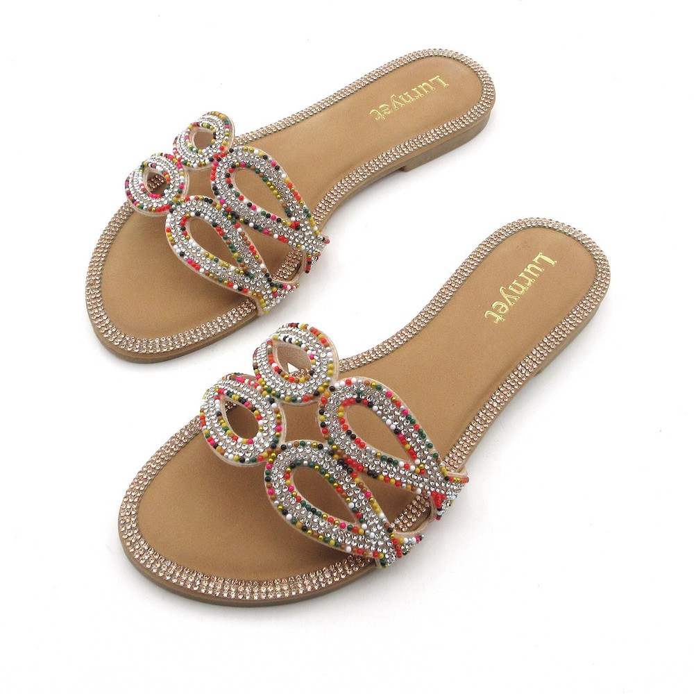 Women's Crystal Rhinestone Summer Flat Sandals Beaded Slip-On Slides Multi-Color