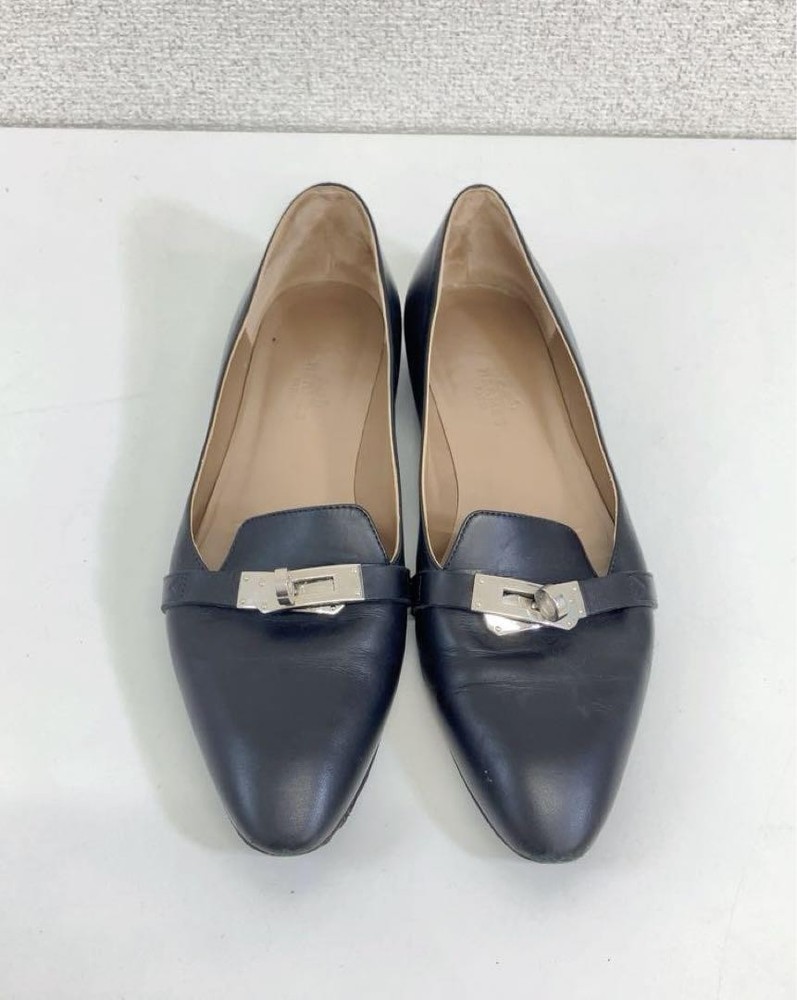 Hermes Kelly Mens Leather Buckle Flat Pumps US Size 5 with Metal Fittings