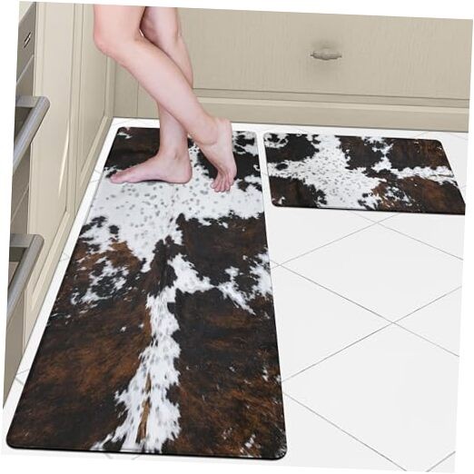 Cowhide Western Kitchen Rugs and Mats Set of 2 Anti Fatigue Decor