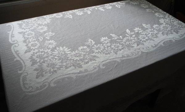 Vintage Simtex Pink Cotton Damask Tablecloth with Silver Regency Floral Thread 82 Inch