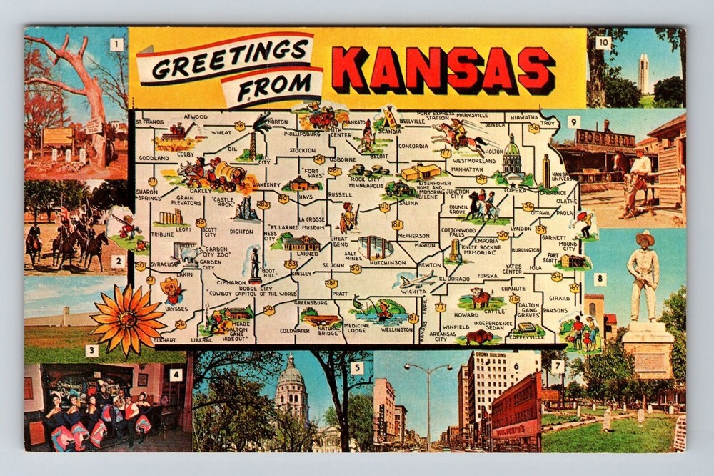 KS-Kansas, Scenic Greetings, Map Landmarks, Vintage Postcard