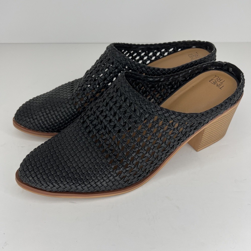 Time & True Memory Foam Black Woven Block Heel Size 11 Women's Mules
