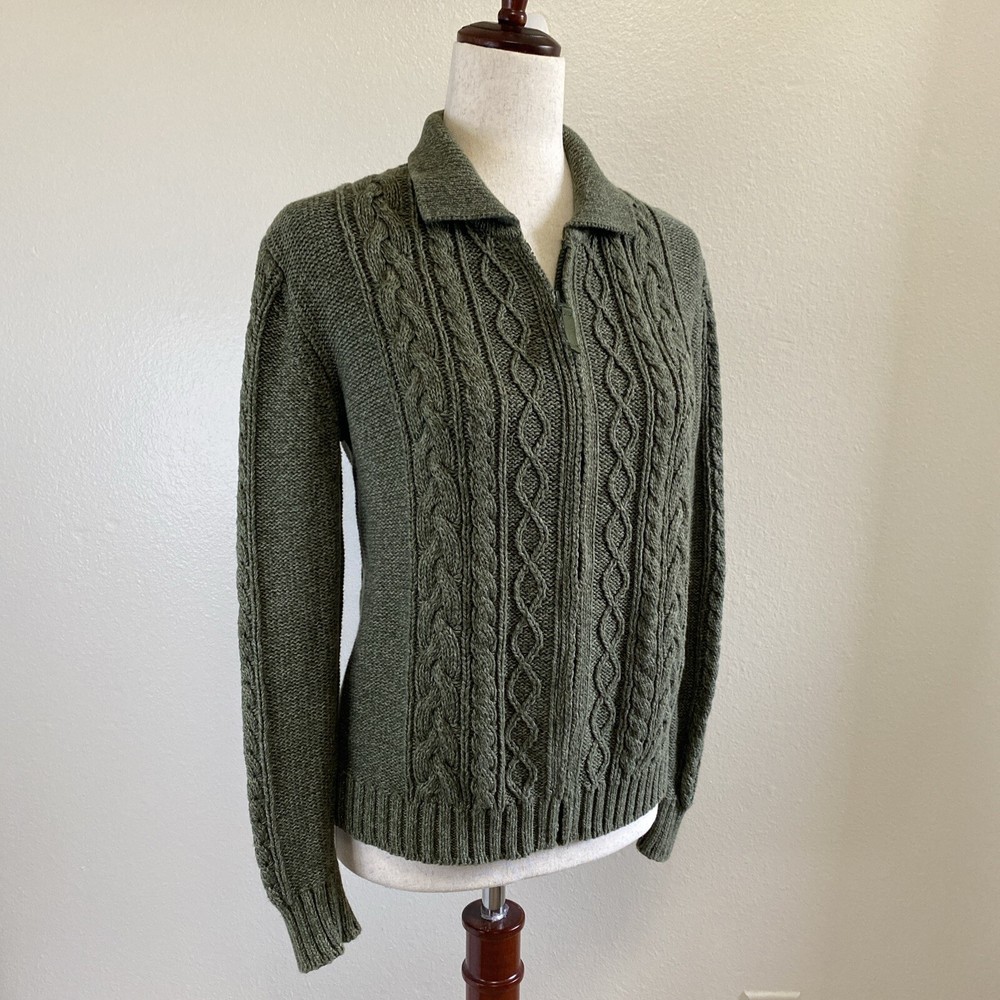 Cabelas 100% Cotton Cable Knit Zip Up Cardigan Sweater. Green Ladies Small