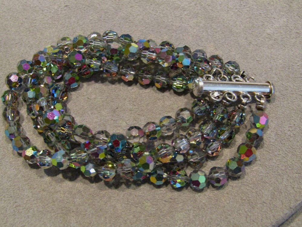 Vintage Sterling Silver 4 Strand Aurora Borealis Crystal Bead Bracelet 6.5