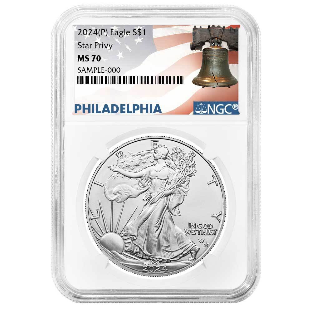 Presale - 2024 (P) $1 American Silver Eagle Star Privy NGC MS70 Liberty Bell ...-image