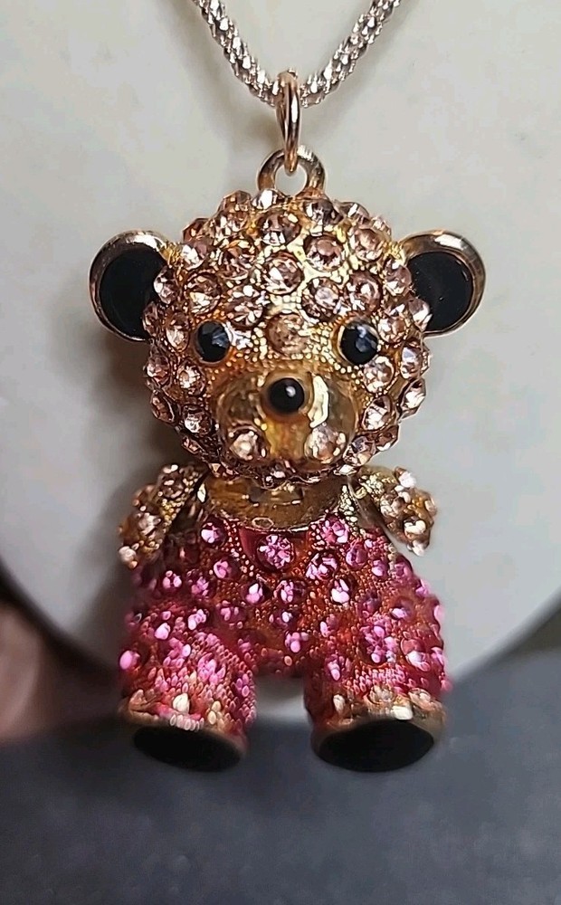 Betsey Johnson Pink Jointed Teddy Bear Gold Pendant Necklace NWT
