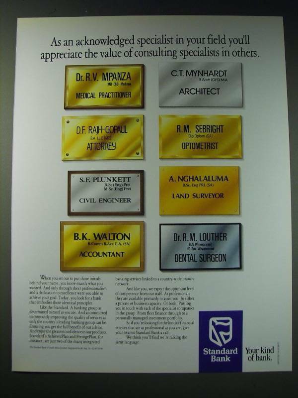 1987 Standard Bank Ad Showcasing Expertise and Professional Excellence