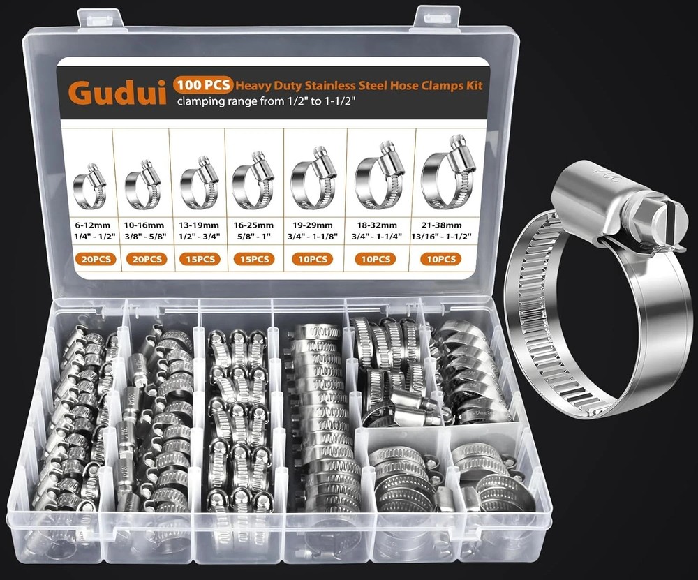 100 PCS Heavy Duty Stainless Steel Hose Clamps Assortment Kit 1/4